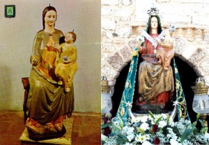 Antiquísima imagen, imperecederamente conservada, de Ntra. Sra. de Oreto-Zuqueca (Granátula de Calatrava), siglo XIII. A la derecha, con manto, Niño en brazo izquierdo y flor en mano derecha