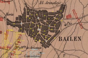 Calles y plazas de Bailén en 1808, superpuestas sobre el plano titulado “Batalla de Bailén. Primer periodo” (Biblioteca Virtual de Andalucía).